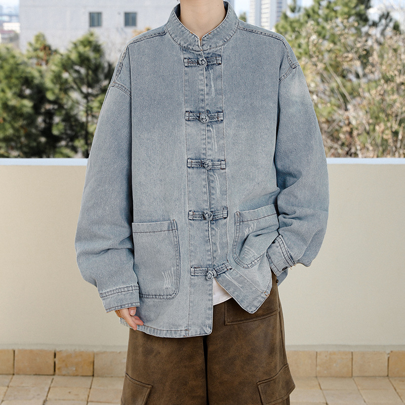 春秋新款男士牛仔外套水洗做旧长袖盘扣衬衫复古中式休闲夹克男装
