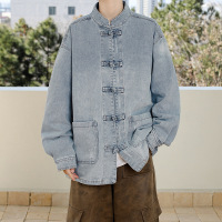 春秋新款男士牛仔外套水洗做旧长袖盘扣衬衫复古中式休闲夹克男装