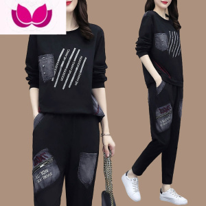 七斓韩版休闲牛仔拼接套装女2023新款大码时尚洋气运动卫衣套