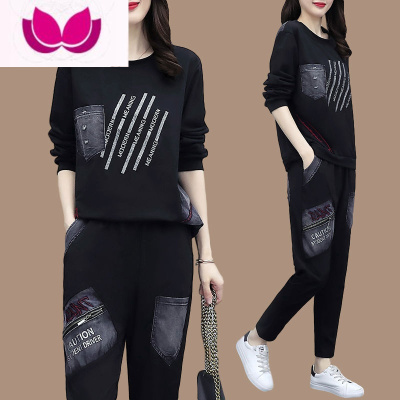 七斓韩版休闲牛仔拼接套装女2023新款大码时尚洋气运动卫衣套