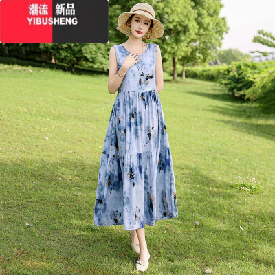 YIBUSHENG棉绸连衣裙2024季波西米亚风新款无袖度假人造棉减龄百搭长裙子
