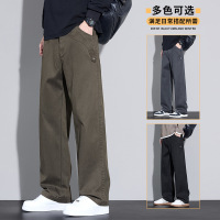春秋季阔腿休闲裤新款军绿色仿牛仔洗水直筒裤男款宽松男裤子