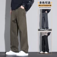 春秋季阔腿休闲裤新款军绿色仿牛仔洗水直筒裤男款宽松男裤子