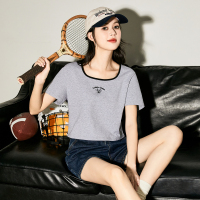 [直降价52元]唐狮新款T恤女夏季纯棉环球爱宠大机密撞色U领简约正肩短袖sz