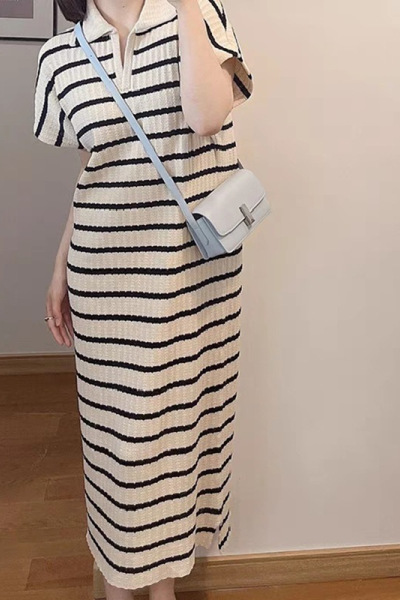 撞色条纹polo领连衣裙子夏季宽松法式翻领长裙小V领短袖T恤裙女装