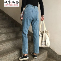 新款bf直筒百搭高腰箭头牛仔裤宽松学生长裤子