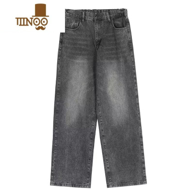 YANXU美式高街复古烟灰色松紧腰牛仔裤男女拖地宽松直筒阔腿垂坠感裤子
