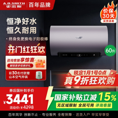 AO史密斯60升电热水器 国家补贴 金圭内胆 双棒分离速热 免换镁棒 免清洗短款 E60ED8-B
