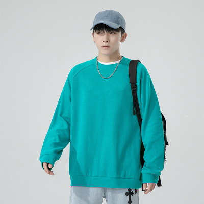 纯色卫衣男春秋季新款韩版直条提花布上衣圆领宽松纯棉打底衫男装