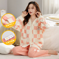 女士睡衣棉质长袖秋冬季开衫和服孕妇哺乳期宽松月子服家居服套装