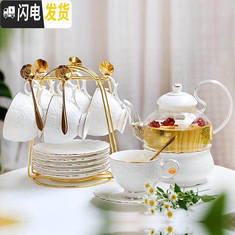 三维工匠英式下午茶茶具 欧式花茶茶具花茶杯套装 陶瓷玻璃煮水果蜡烛茶壶 白玫瑰(6杯碟+壶)含铁架+金勺