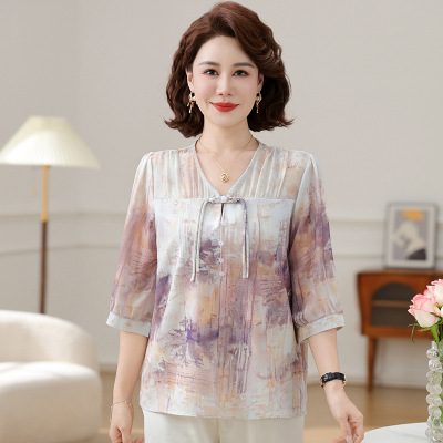 夏季新款妈妈上衣薄款休闲女中老年装小衫40岁七分袖印花衫夏装女