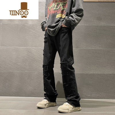 YANXU破洞毛边牛仔裤男款ins高街修身直筒裤高腰休闲裤