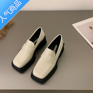 SUNTEK厚底春秋方头复古乐福鞋单鞋女鞋子2023新款夏季白色英伦风小皮鞋