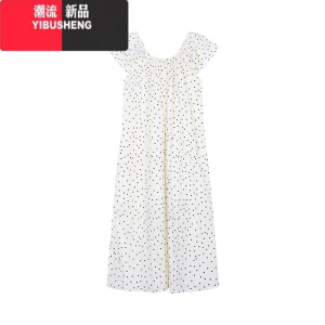 YIBUSHENG慵懒风泡泡袖波点连衣裙女季宽松休闲裙子甜美杏色长裙 杏色 均码