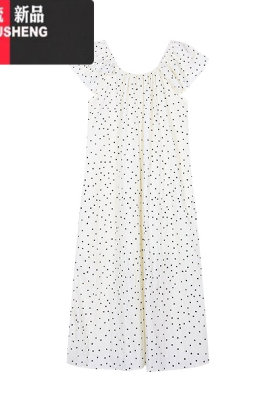 YIBUSHENG慵懒风泡泡袖波点连衣裙女季宽松休闲裙子甜美杏色长裙