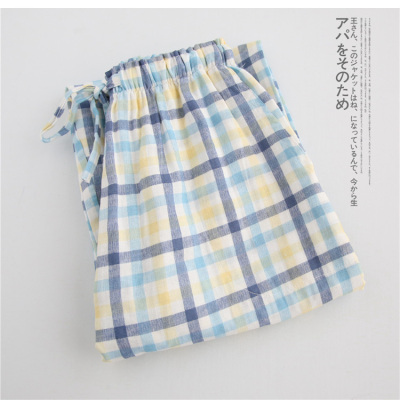 HLCOMAN春夏秋新款睡裤女士长裤针织日系格子棉家居裤棉纱布宽松单件睡裤