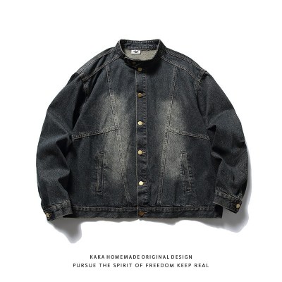 男装日系复古立领牛仔外套男春秋季新款高街潮牌宽松休闲夹克上衣