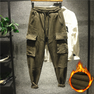 新款Hi秋冬款军绿色工装休闲裤男加绒加厚宽松阔腿束脚哈伦裤大码