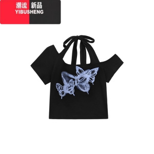 YIBUSHENG美式复古辣妹露肩挂脖短袖T恤女季修身设计感蝴蝶印花短款上衣