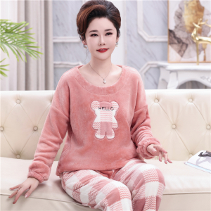 中老年妈妈珊瑚绒睡衣女冬季加厚加绒法兰绒套头秋冬款家居服套装