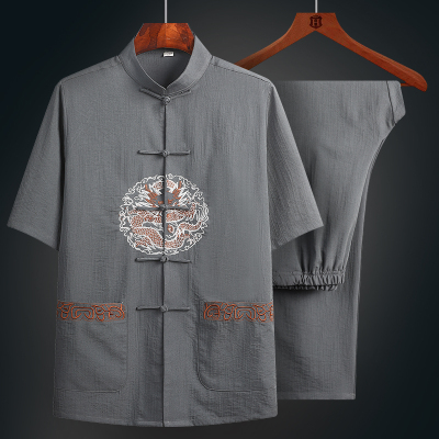 唐装男中老年棉麻套装夏季中国风短袖衬衫汉服爸爸装薄款爷爷衣服夏天穿的