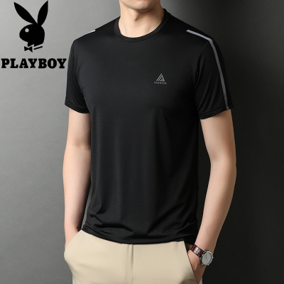 花花公子品牌冰丝无痕圆领男士短袖T恤修身时尚休闲男装体恤衣服薄款2021夏天新款
