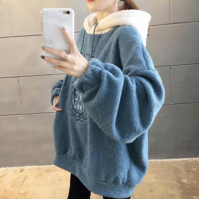 (JIAMEN)新品直营-户外运动秋冬新款加绒加厚卫衣女宽松大码女装200斤保暖羊羔毛绒外套ins潮