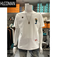 HLCOMAN创意刺绣花男款白色t恤圆领短袖2025夏新款简约百搭高端宽松上衣