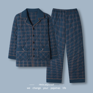 浪莎睡衣男士冬季纯棉针织夹棉袄三层加厚保暖全棉开衫家居服套装