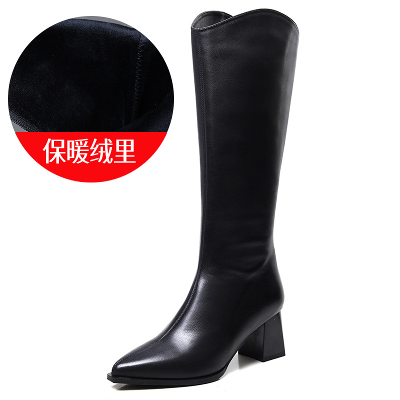 头层牛皮尖头V口长筒靴女秋冬新款时尚百搭粗跟小个子骑士靴