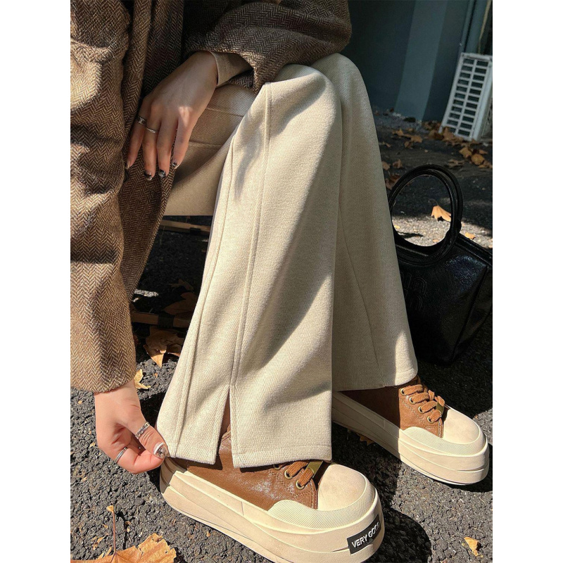 毛呢阔腿裤女秋冬新款加厚直筒裤休闲小个子开叉羊毛加绒裤子