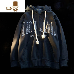 YANXU开衫卫衣男秋季宽松复古休闲拉链外套青少年美式高街连帽夹克