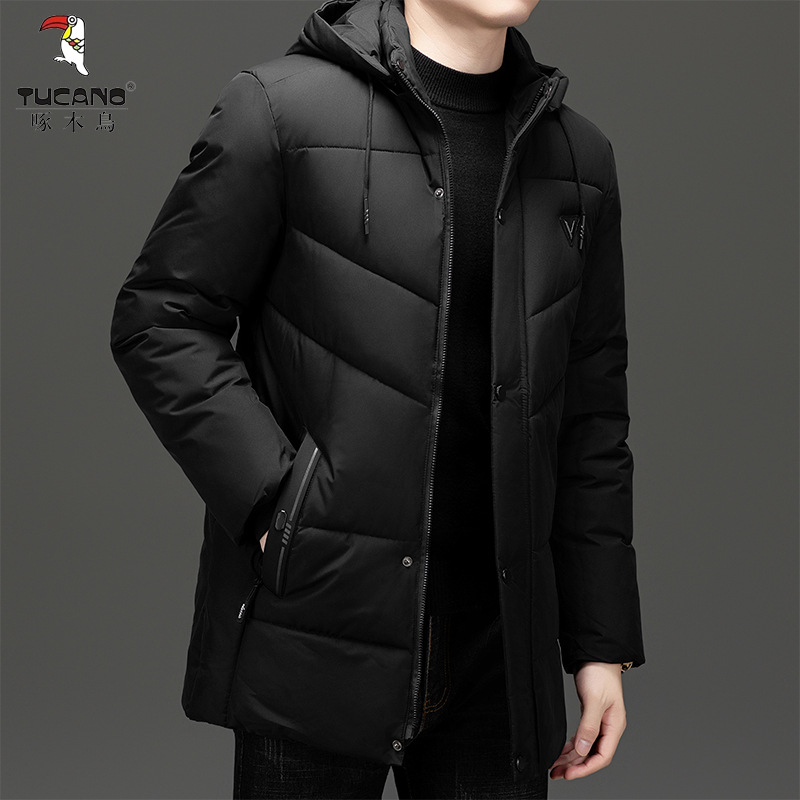 啄木鸟秋冬季羽绒棉服男中长款保暖加厚棉衣中年连帽棉服冬装外套