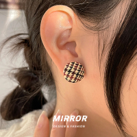 纯银耳钉纽扣千鸟格圆形耳环耳饰夏个性小众设计ins风CE609送女朋友老婆情人节七夕生日礼物