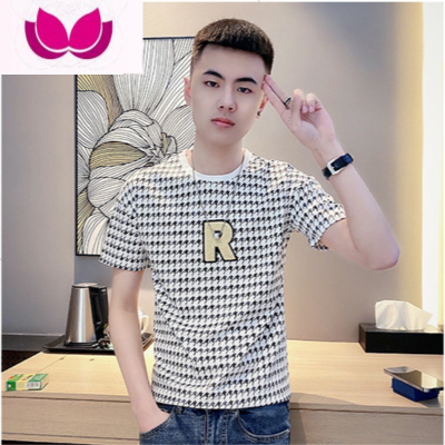七斓夏季男士t恤打底衫短袖修身千鸟格ins休闲快手半袖简约潮流体恤