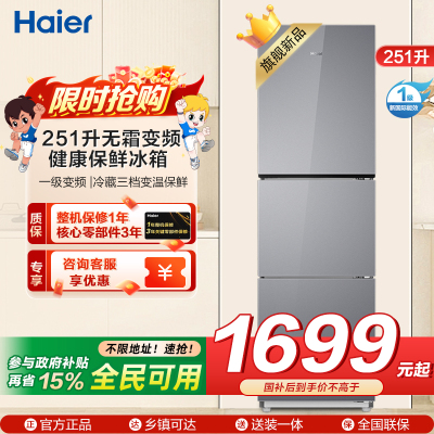 海尔(Haier) 251升无霜变频健康保鲜冰箱 简美三门 自然新鲜 一级变频 黑金净化BCD-251WGHC3E7AS