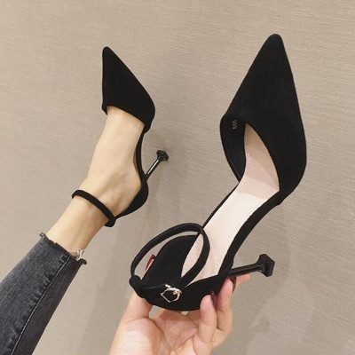 Ideamini凉鞋女ins潮2021新款春夏高跟设计感小众一字带黑色细跟尖头单鞋