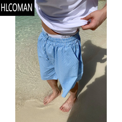 HLCOMAN夏季蓝色条纹短裤男女宽松休闲抽绳沙滩阔腿裤度假百搭情侣五分裤