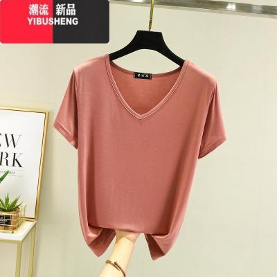 YIBUSHENG莫代尔V领短袖打底衫女季内搭大码纯色薄款上衣宽松休闲显瘦T恤