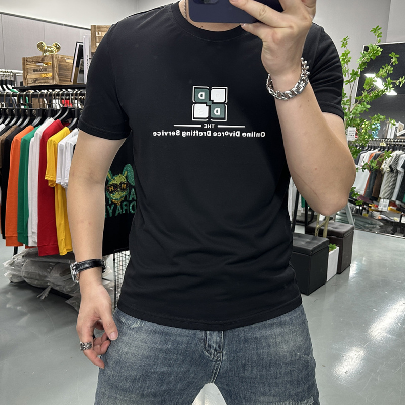 夏季新款男士短袖T恤圆领字母个性潮打底半袖修身丝光棉圆领青年t