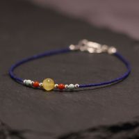 天然原创简约纯银百搭气质单圈平安符极细桶珠青金石蜜蜡南红手链送女朋友老婆情人节七夕生日礼物