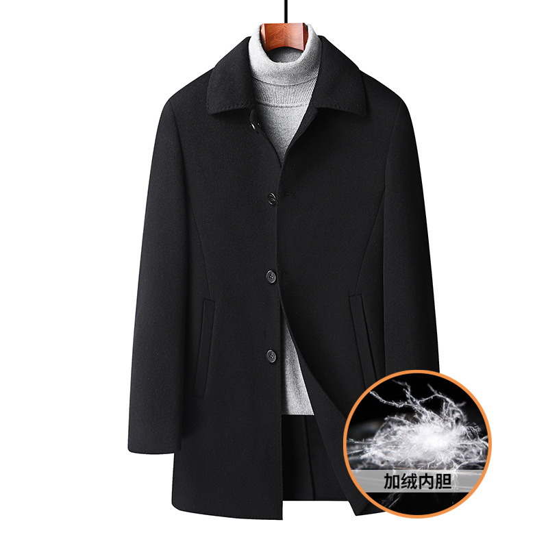 秋冬新款100羊毛呢大衣男 翻领中长款羽绒脱卸内胆双面呢羊毛风衣