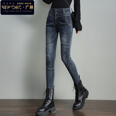 广赫配马丁靴大码牛仔裤女2021新款紧身修身显瘦拼接裤子女小脚铅笔裤牛仔裤