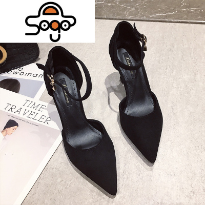 七色王国韩版职业高跟鞋女2020春秋新款尖头绒面细跟中空气质一字扣单鞋女休闲鞋
