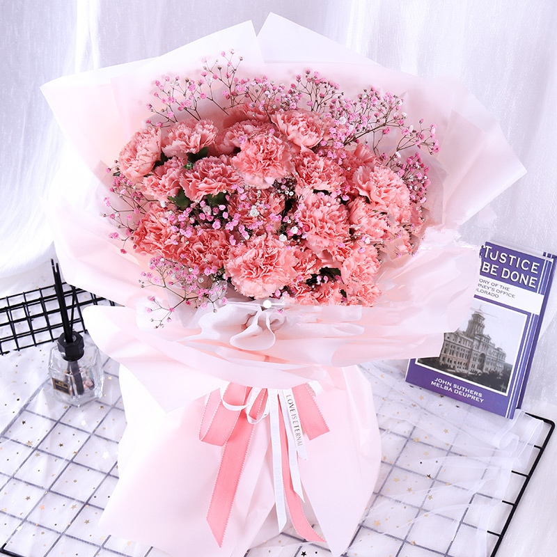 五二零 鲜花速递全国 19朵粉色康乃馨粉满天星花束生日礼物 北京长春