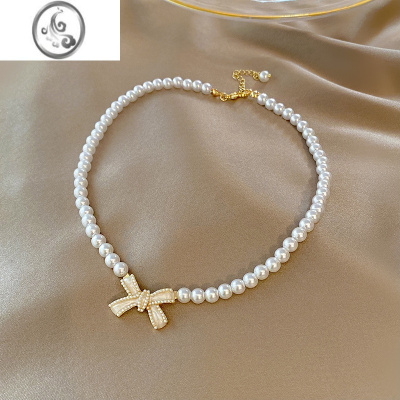 JiMi法式气质蝴蝶结珍珠项链女夏轻奢高级感小众锁骨链2022年新款链子