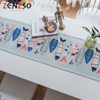 家柏饰(CORATED)北欧S风棉麻布艺茶几电视柜长条客厅餐厅餐桌布盖巾桌旗 蓝灰底彩色鱼 35*180CM