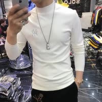 冬季纯色内搭弹力修身半高领长袖T恤薄绒烫钻潮休闲立领打底衫男