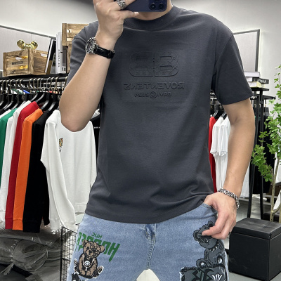 夏季新款短袖T恤男圆领半袖钢印丝光棉上衣修身潮流欧洲站休闲潮i_1